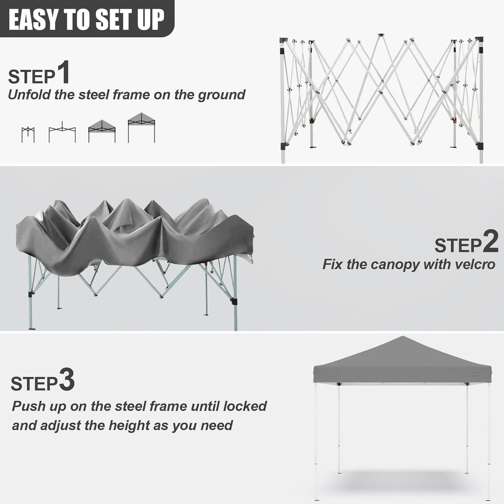 10x10ft Pop Up Canopy Tent,Heavy Duty Waterproof Folding Tent for Camping Parties Events Parties,Outdoor Canopy,Portable Sun Shelter,3 Adjustable Height(Grey)