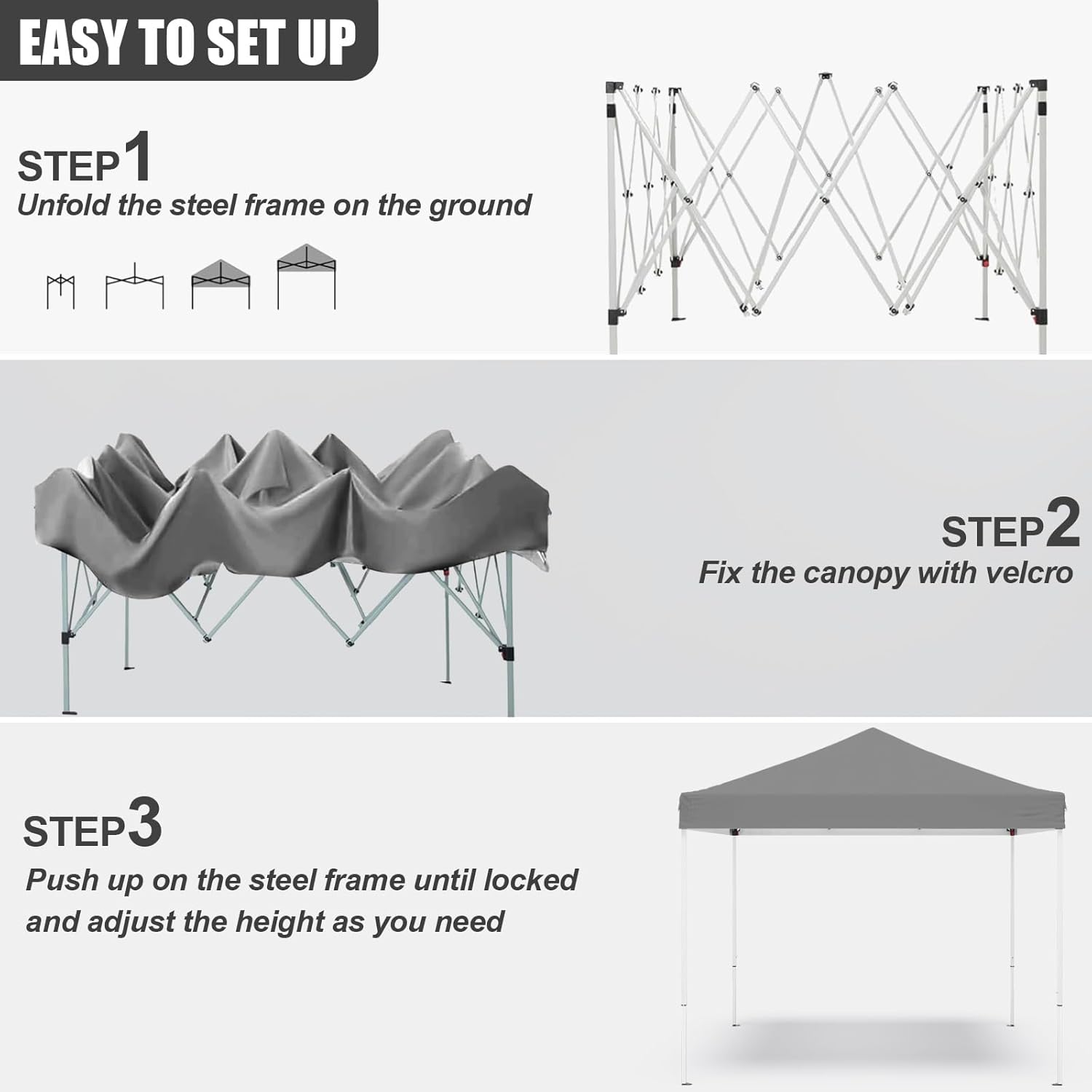 10x10ft Pop Up Canopy Tent,Heavy Duty Waterproof Folding Tent for Camping Parties Events Parties,Outdoor Canopy,Portable Sun Shelter,3 Adjustable Height(Grey)