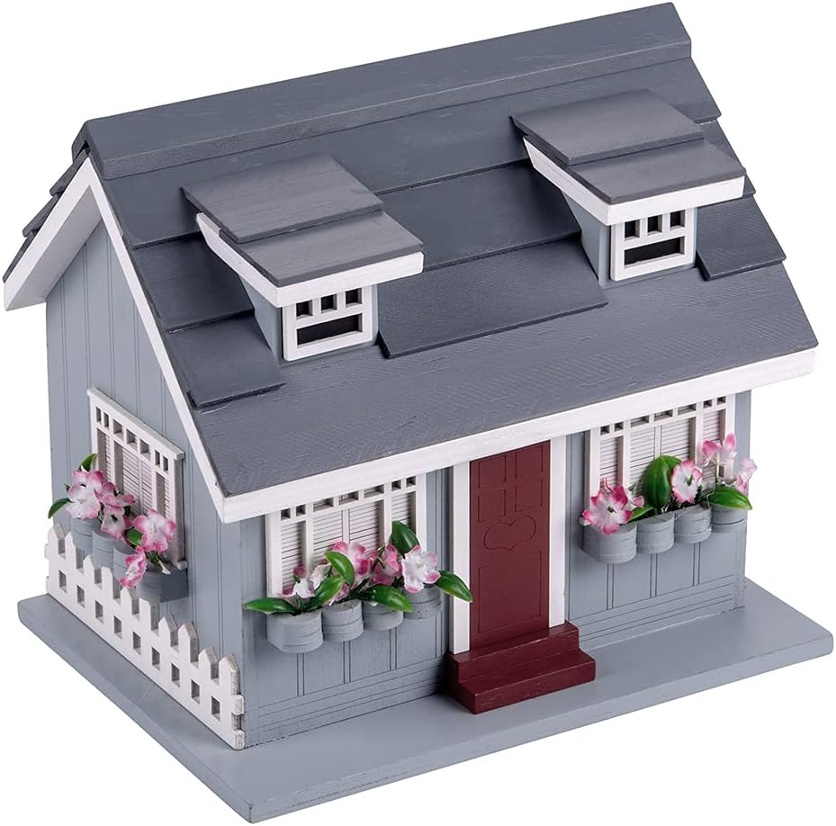 Decorative Wooden Birdhouse for Outdoor Hanging – Handcrafted Miniature Cottage Style with Blue Roof, Front Porch, and Balcony – Garden or Backyard Décor for Wild Birds (Beach House)