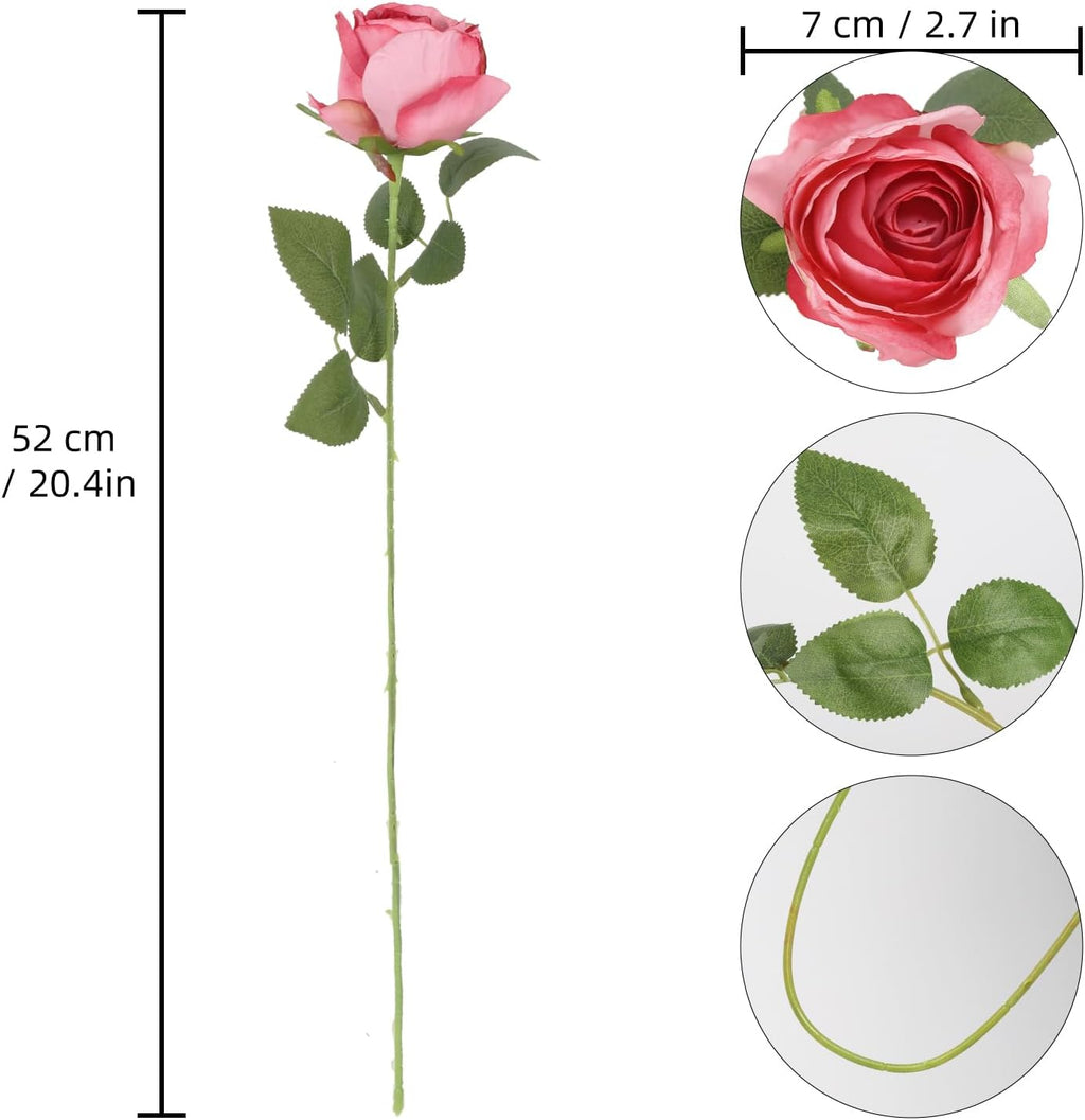 12 pcs Hot Pink Roses Artificial Flowers Vintage Burnt Edge Rose 20" Realistic Silk Roses Bouquet with Long Stem for Wedding Party Floral Centerpieces Decoration (Hot Pink)