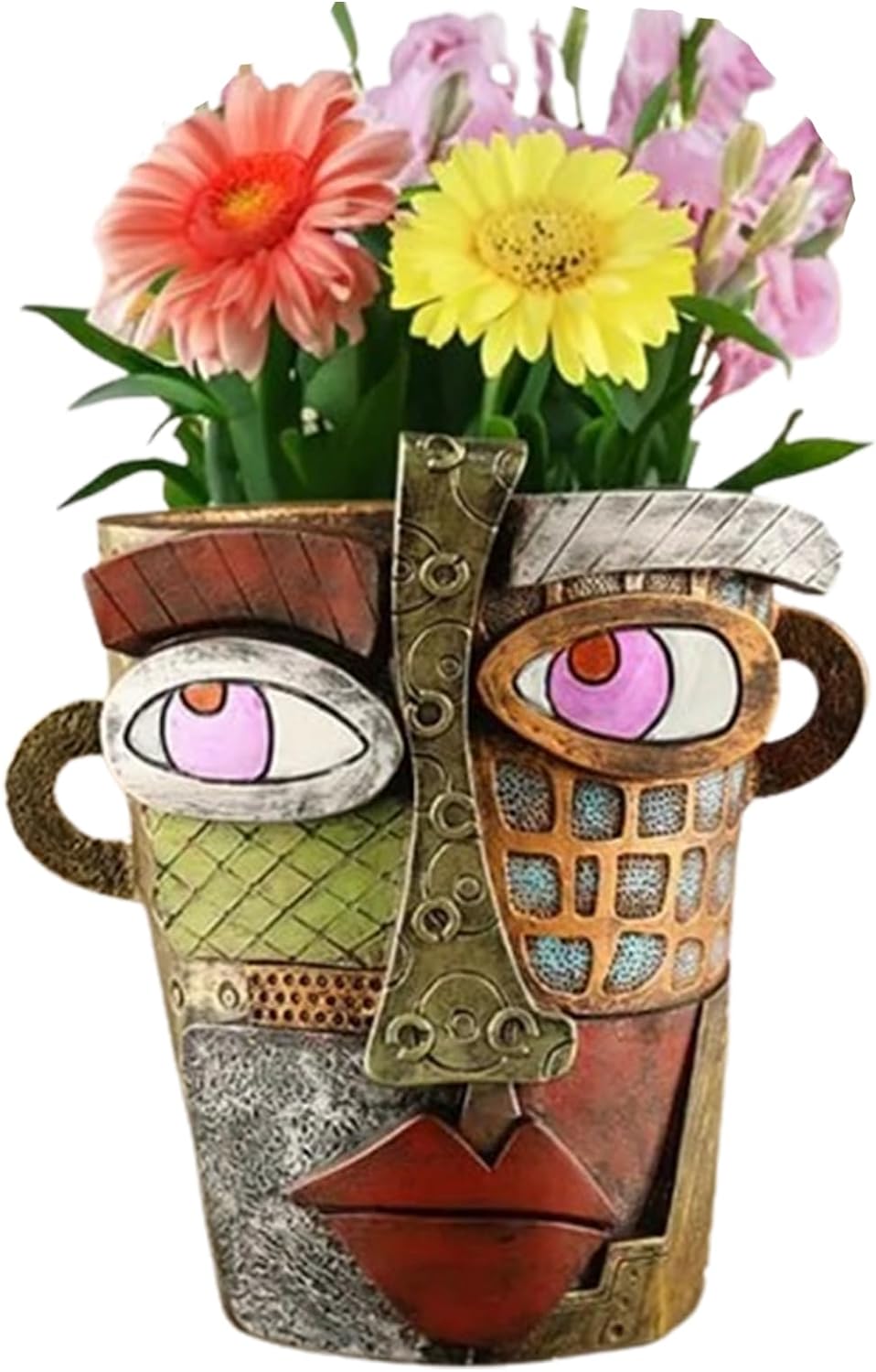 Unique Abstract Face Planters Pots Head,Picasso Brutalist Face Flower Pot Ornaments Head Planter Pots Colorful Art Abstract Resin Flower Pot for Indoor and Outdoor Plants Funny Room Decor(Retro Big)
