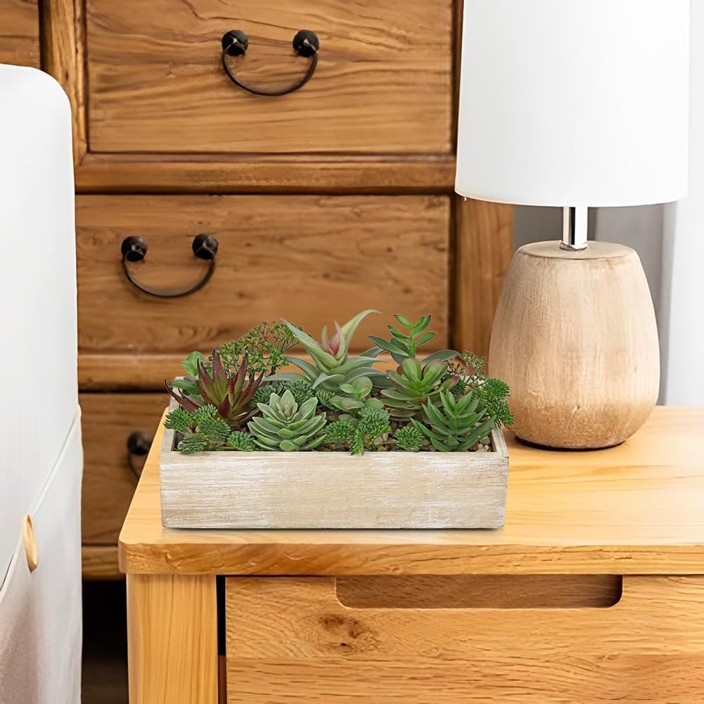 Artificial Succulent Plants in Pot 10 Inch Fake Succulent Arrangement Potted Succulents Plants Centerpiece in Rectangular Wooden Planter for Home Office Desk Shelf Living Room Bedroom Farmhouse Decor