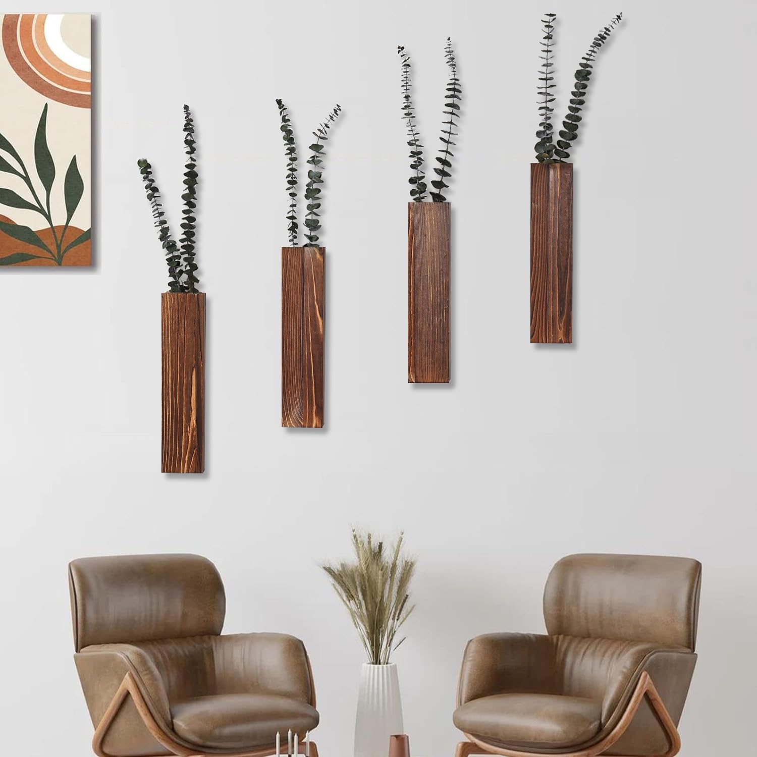 Wooden Wall Planter Set of 4 - Modern Home Decor for Living Room, Bedroom, Bathroom - Walnut Finish Planter for Dried Flowers, Faux Greenery, Indoor Plants