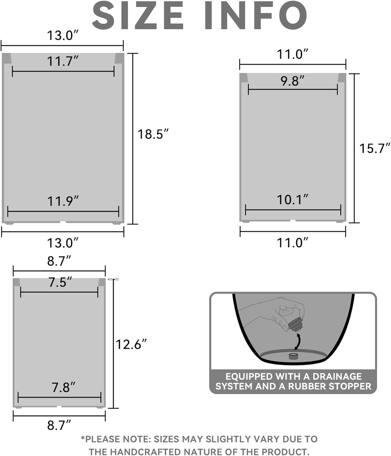 Kante 18.5",15.7",12.6" H Tall Rectangular Concrete Planters Set of 3, Outdoor Indoor Lightweight Plant Pots with Drainage Hole and Rubber Plug, Modern Style for Home Garden Patio, Weatheted Concrete