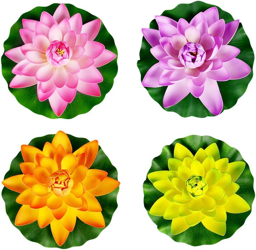 Superdream 4PCS Large Artificial Floating Lotus Flowers, Home Garden Pond Aquarium Wedding Decor (7inch) (Orange, Green, Purple, Pink)