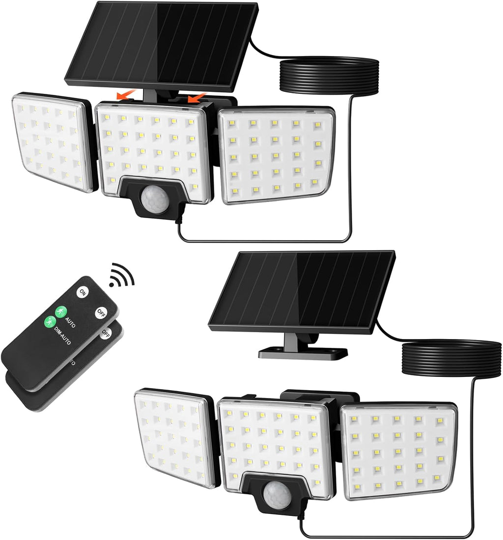 Lepro Solar Security Lights - Outdoor Motion Sensor, 2 in 1 Remote Control, IP65 Waterproof, 2 Light Modes, 3 Head Solar Floodlight for Garden, Yard, Garage