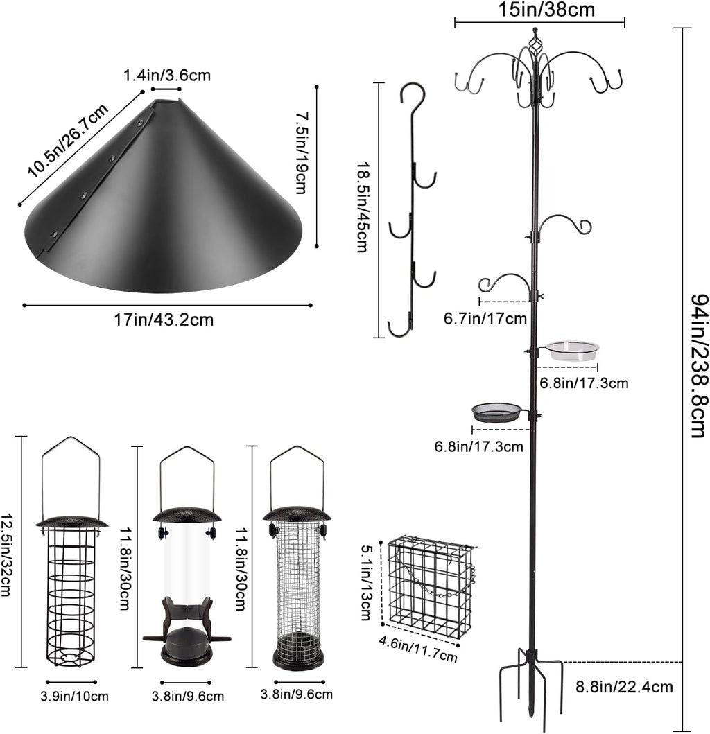 Deluxe Bird Feeding Station Kit Bird Feeder Pole with Squirrel Baffle, Suet Cage, Bath Tray for Planter Hanger - Wildlife-Friendly Design