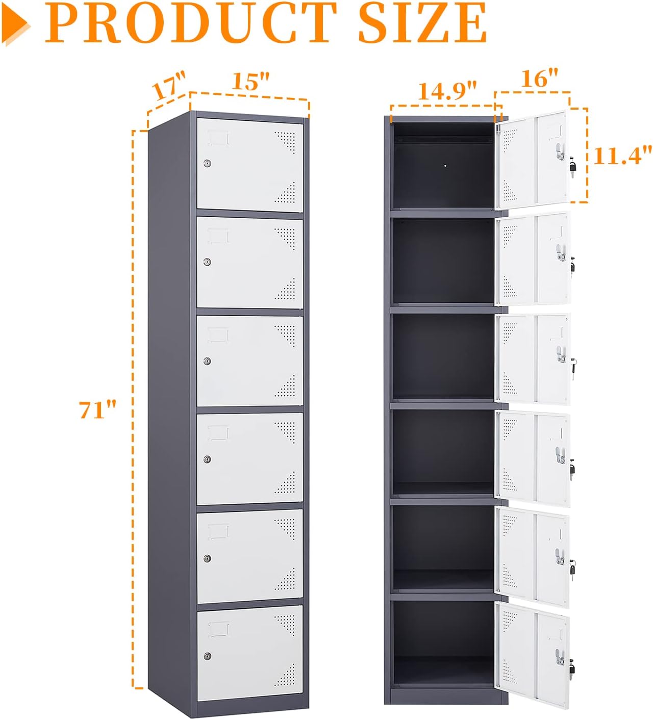Metal Locker with 6 Doors, 71" Lockers for Employees Steel Storage Locker, Lockable Locker Cabinet for School, Gym, Home Office and Garage（Grey White）