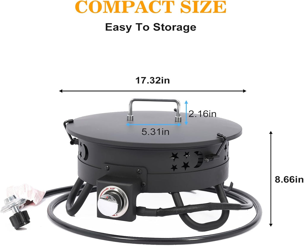 Portable 17 inch Propane Fire Pit 58000 BTU Smokeless Gas Fire Bowl with Adjustable Flame,Cover Carry Kit,CSA Certified for Camping,Patio,Backyard,RV&Tailgating-Includes Hose&Lava Rocks