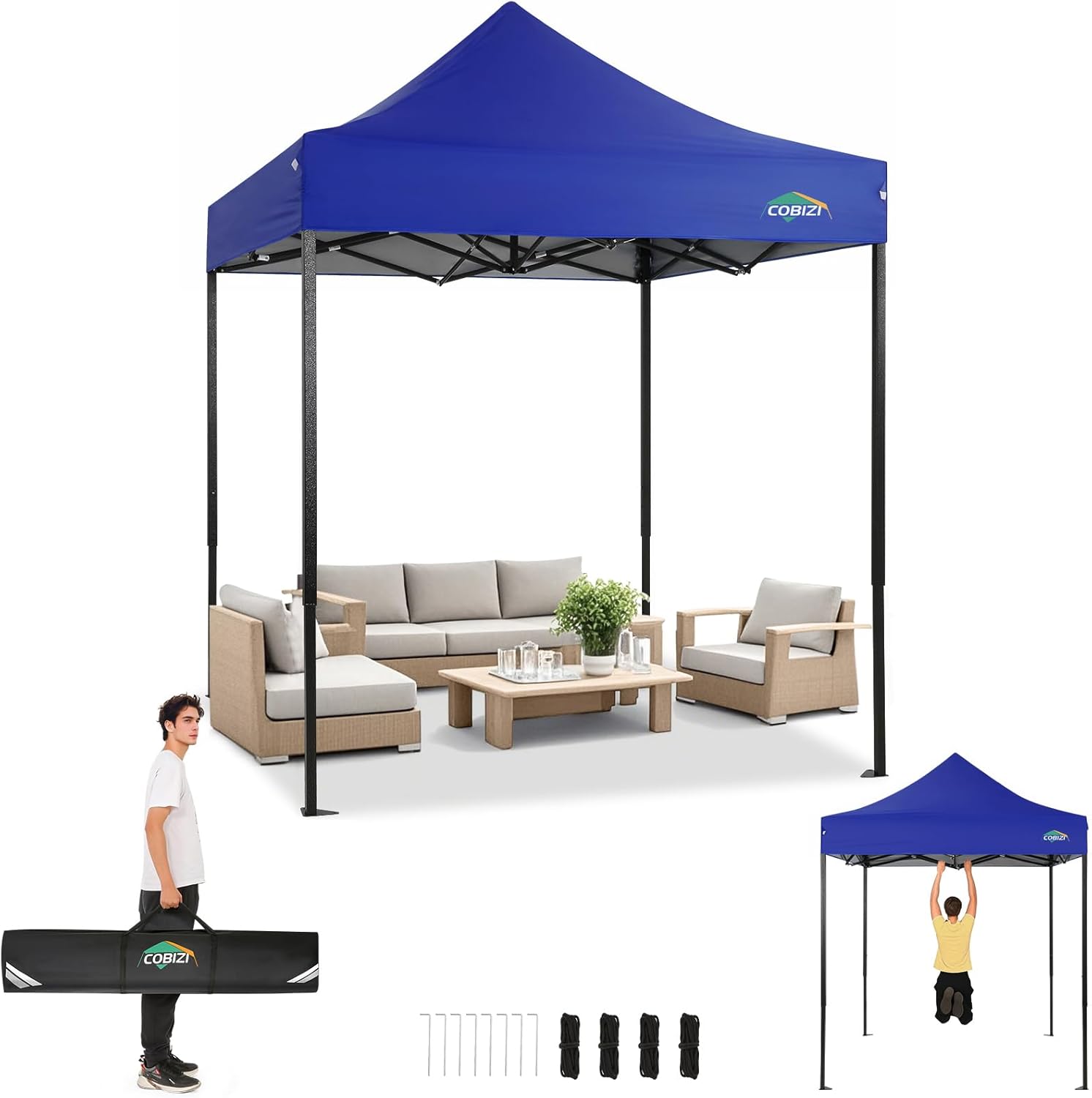 COBIZI 6.6x6.6 Pop up Canopy Tent Heavy Duty Without Sidewalls, Easy Set-up Commercial Outdoor Party Tent, 100% Waterproof Wedding TGazebo, 3 Height Adjustable with Carry Bag, Dark Blue
