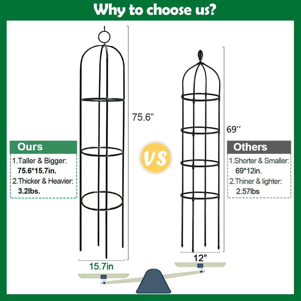 Tower Obelisk Garden Trellis 100% Metal 6.3 Feet Tall Plant Support for Climbing Vines and Flowers Stands,Black Green Lightweight Plant Tower