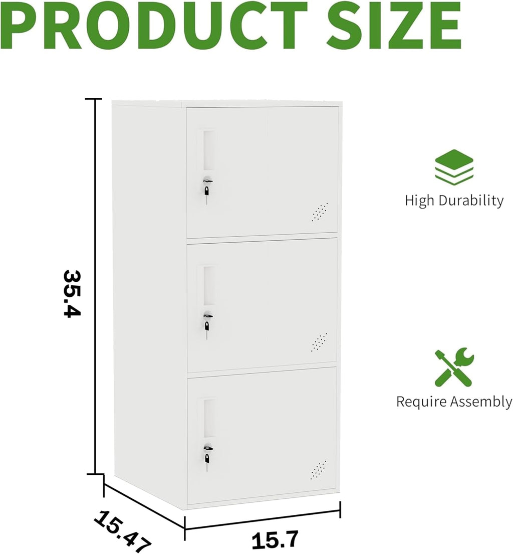 3 Door Vertical Stackable Storage Cabinet with Lock,Anti-Failing Device, Metal Lcoker,Organizer for Office, Home, Gym, School,Employee,Kids. (White)