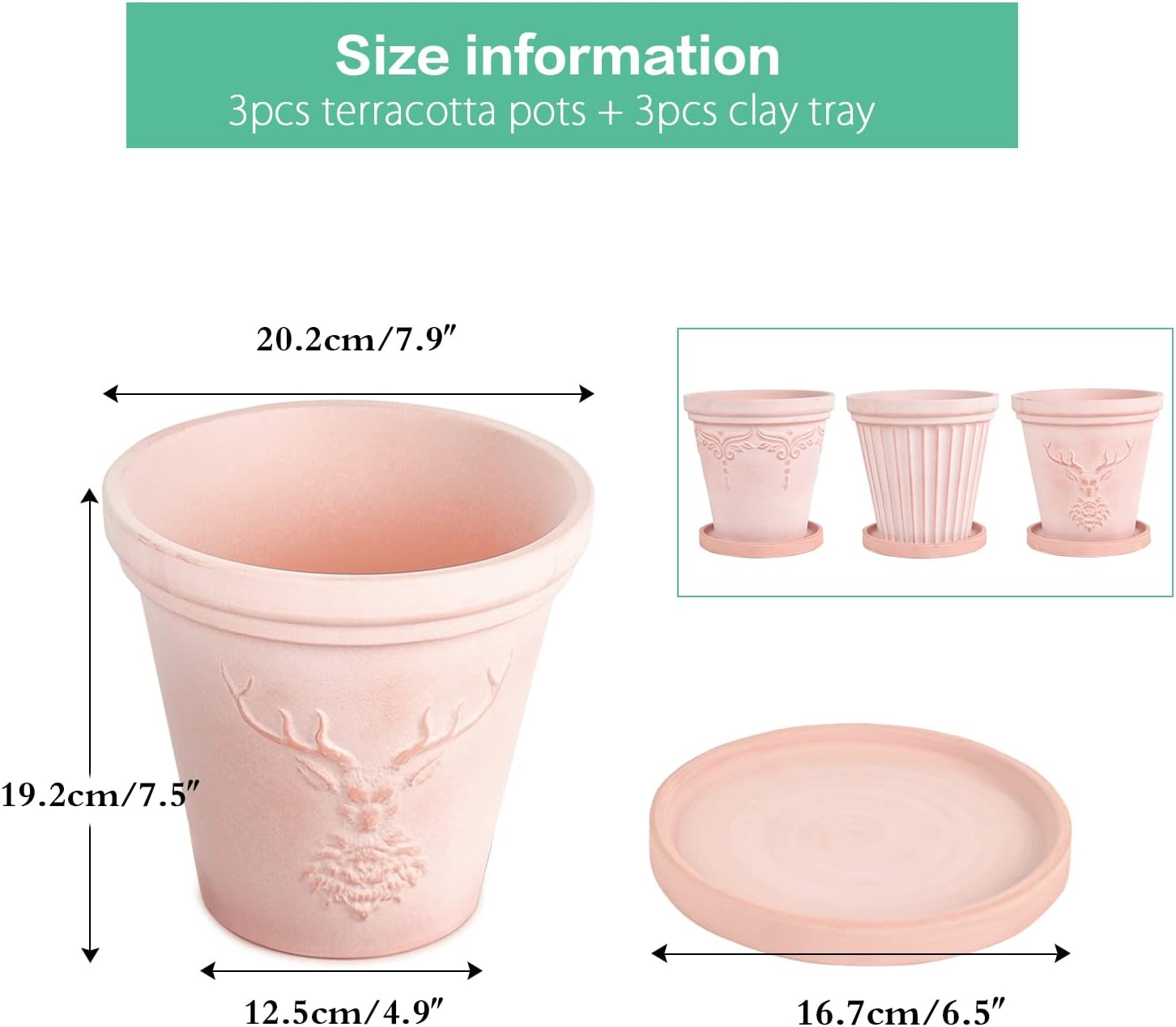 Sungmor Set of 3 Terra Cotta Pots With Saucer & Drainage Hole - 8 Inch Large & Deep Clay Planters, Unique Embossed & Pretty Color Pottery for Plants, Orchid, Cactus, Succulent