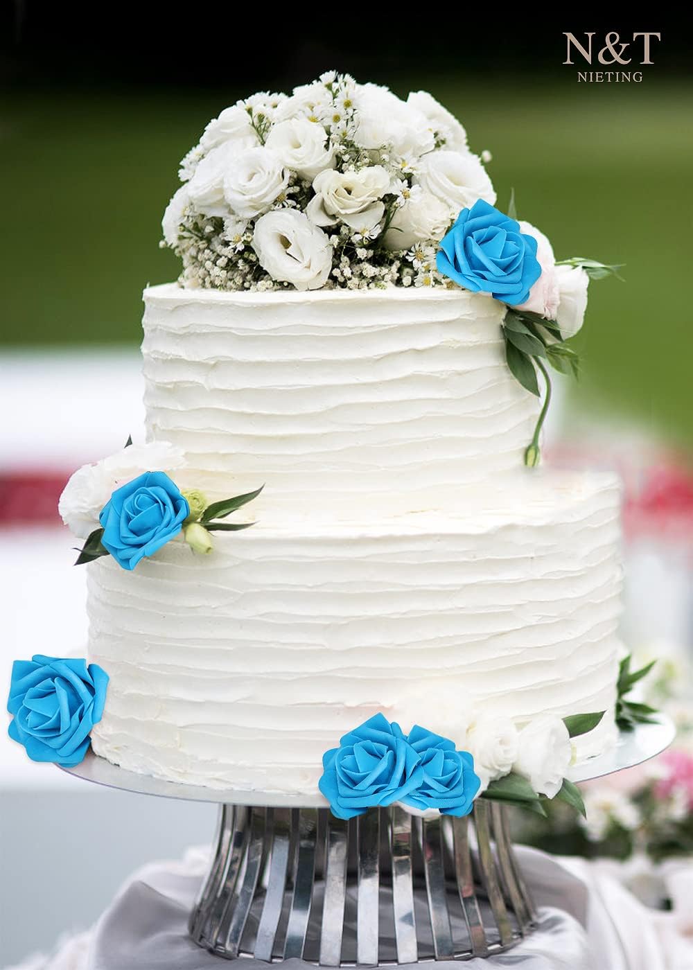 N&T NIETING Artificial Flowers, 25pcs Fake Flower Roses with Stem for DIY Wedding Bouquets Centerpieces Bridal Baby Shower Party Home Decoration, Blue