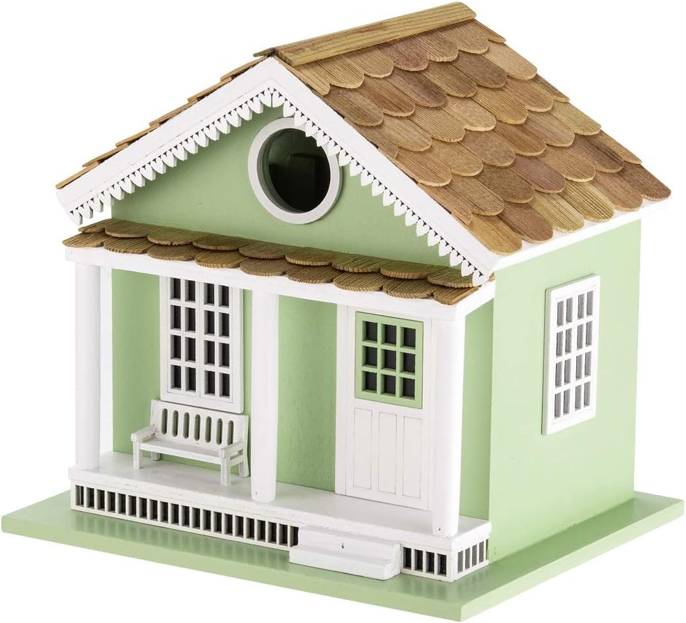 Decorative Wooden Birdhouse for Outdoor Hanging – Handcrafted Miniature Cottage Style with Blue Roof, Front Porch, and Balcony – Garden or Backyard Décor for Wild Birds (Green Lake House)