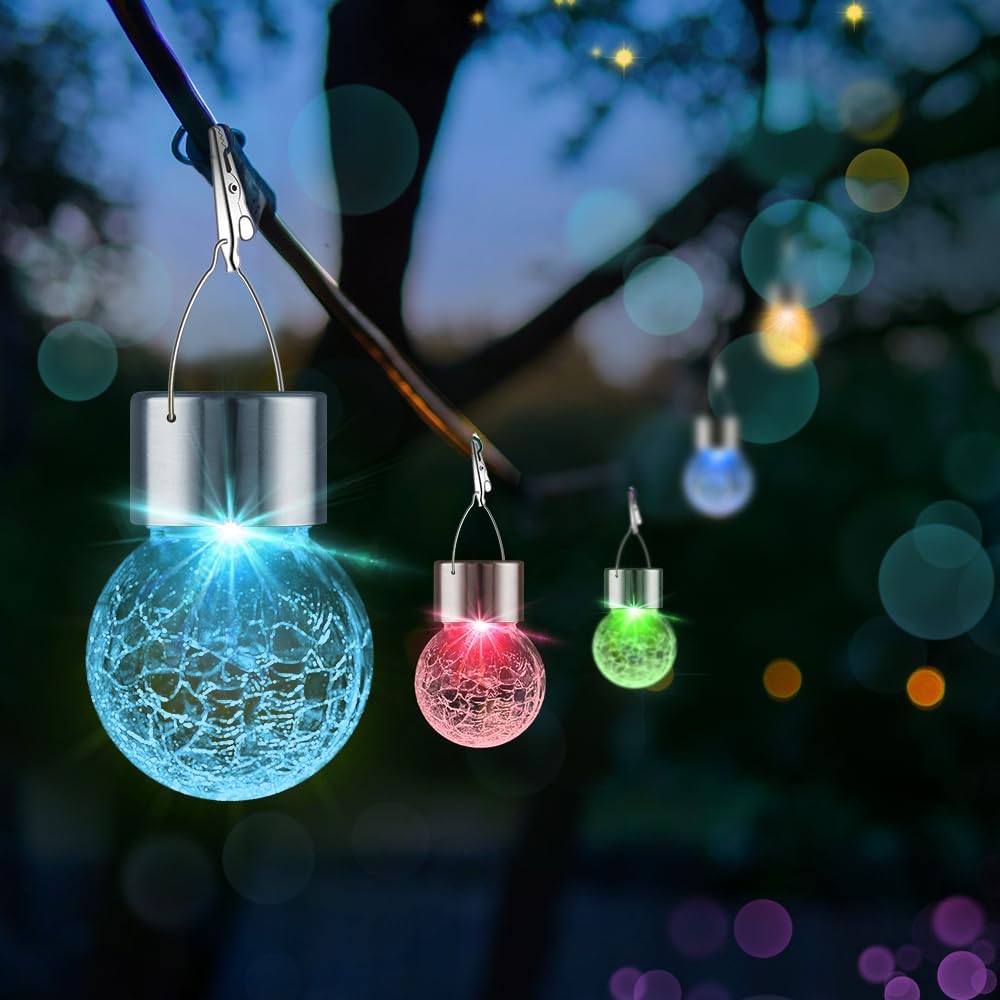 Solar Lights Outdoor Hanging Decorative Globe 24 Pack, Waterproof Solar Lantern with Handle and Clip, Solar Powered Glass Ball Lights for Garden Yard Fence Tree Umbrella Holiday Décor, Color Changing