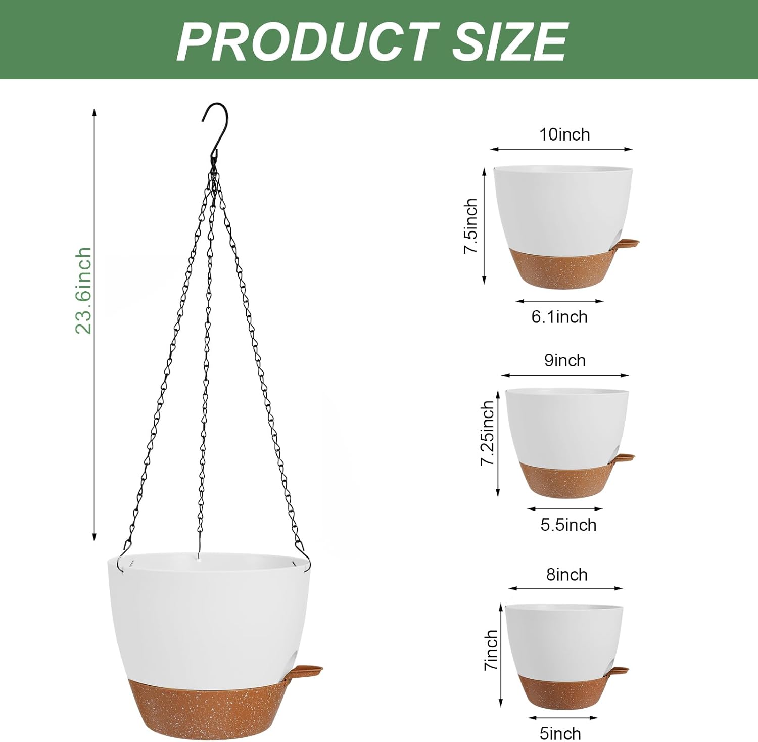 10/9/8 Inch Hanging Planter for Indoor Outdoor Plants, 3 Pack Self-Watering Hanging Pot with Drainage Holes Hanging Planter Baskets Plant Pots with Removable Tray (White+Brown)