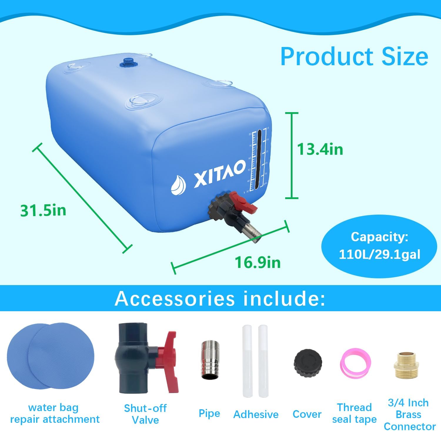 XITAO 29Gal Large Capacity Water Storage Bladder Containers w/Water Level Indicator Portable Foldable Emergency Water Tank Bag for RVs, Drought Resistance, Fire Prevention, Agricultural Irrigation