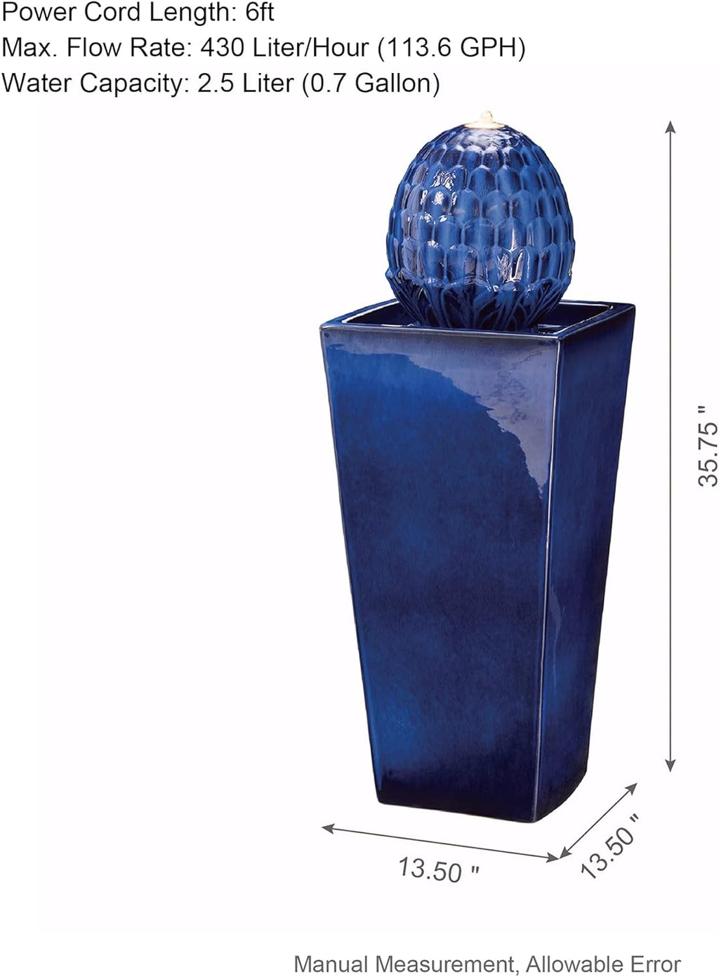 Glitzhome Ceramic Outdoor Water Fountain with LED Light, Oversized Artichoke Pedestal Water Fountains with Submersible Pump, Patio Fountain Waterfall for Garden Patio Deck Porch, Cobalt Blue, 35.75" H