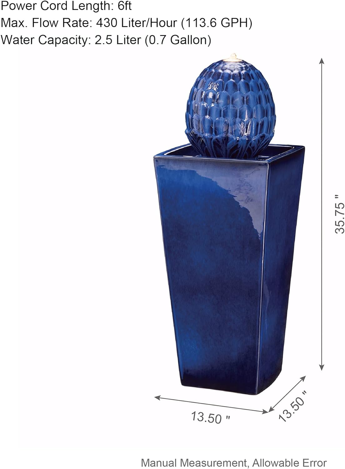 Glitzhome Ceramic Outdoor Water Fountain with LED Light, Oversized Artichoke Pedestal Water Fountains with Submersible Pump, Patio Fountain Waterfall for Garden Patio Deck Porch, Cobalt Blue, 35.75" H