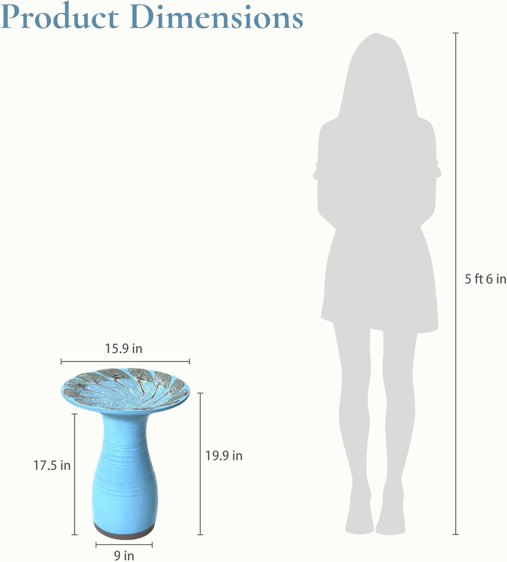 LuxenHome 20 Inch Ceramic Bird Bath for Outside, Elegant Tall Outdoor Bird Bath, Lightweight Pedestal Glazed Birdbaths for Outdoors with Leaf Pattern, Sky Blue