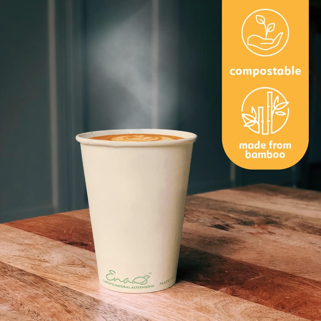 100% Compostable Disposable Coffee Cups [12oz 80 Pack] Paper Cups Made from Bamboo, Eco-Friendly, Biodegradable Premium Party Cups, Natural Unbleached by Earth's Natural Alternative