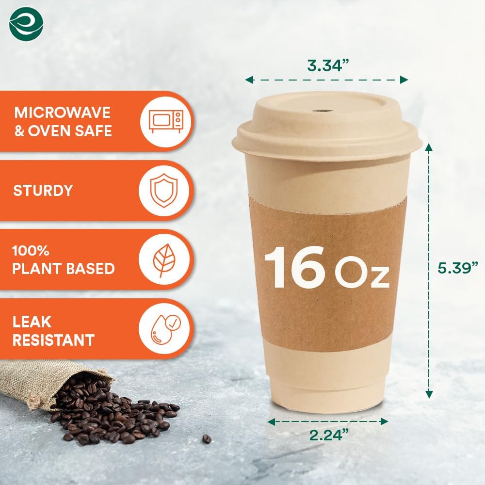 ECO SOUL 100% Compostable Coffee Cups With Lids & Sleeves - 16Oz (50 Counts) To Go Coffee Disposable Bagasse Cups |Sturdy & Eco-Friendly Cups for Cafes, Party, Office