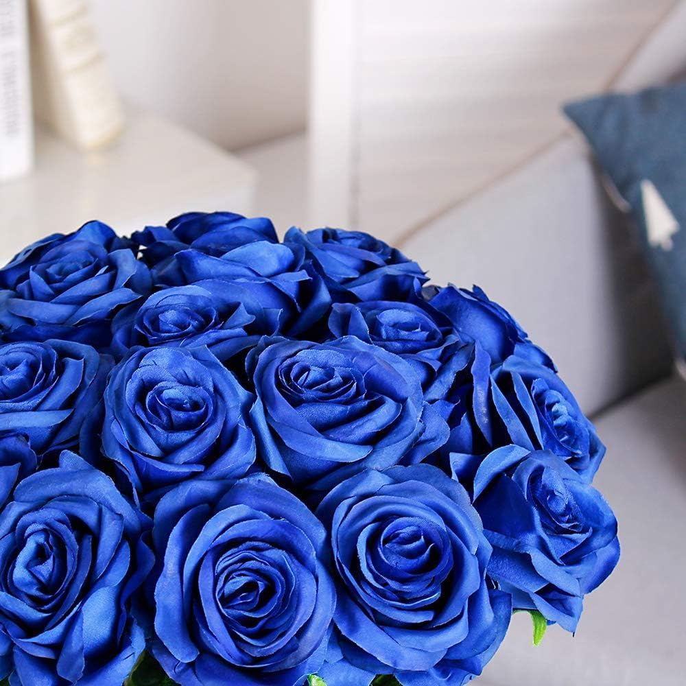Blue Fake Roses Artificial Flowers - 16 Pcs Fake Artificial Roses Silk Flowers with Stems for Home Wedding Hotel Office Centerpiece Decor