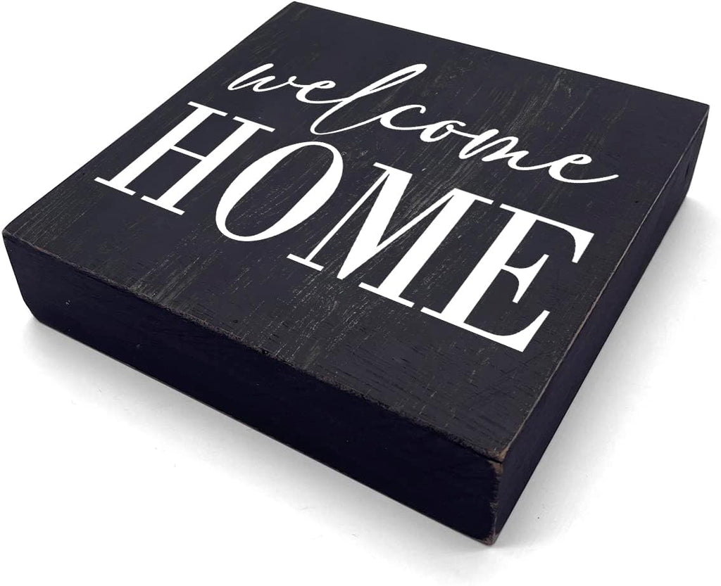 HTBIG Welcome Home Sign Home Decor Desk Decor Wooden Box Sign Rustic Black Wood Block Plaque Box Sign for Women Family Friends Farmhouse Living Room Kitchen Bedroom Shelf Table Decoration