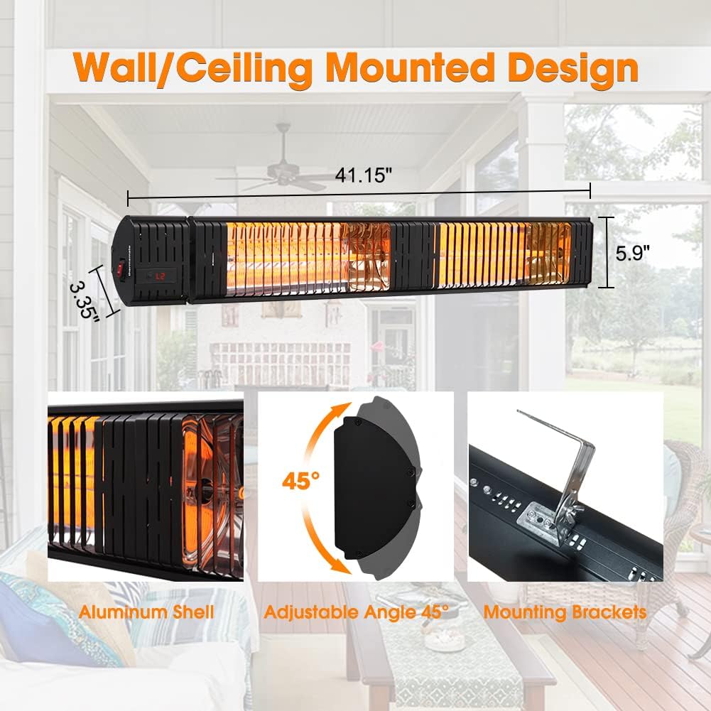 ThermoMate Infrared Electric Patio Heater, 3000W Carbon Fiber Heating for Outdoor/Indoor, Porch, Deck, Garage with Remote 24 Hours Timer, Hard Wired 240V