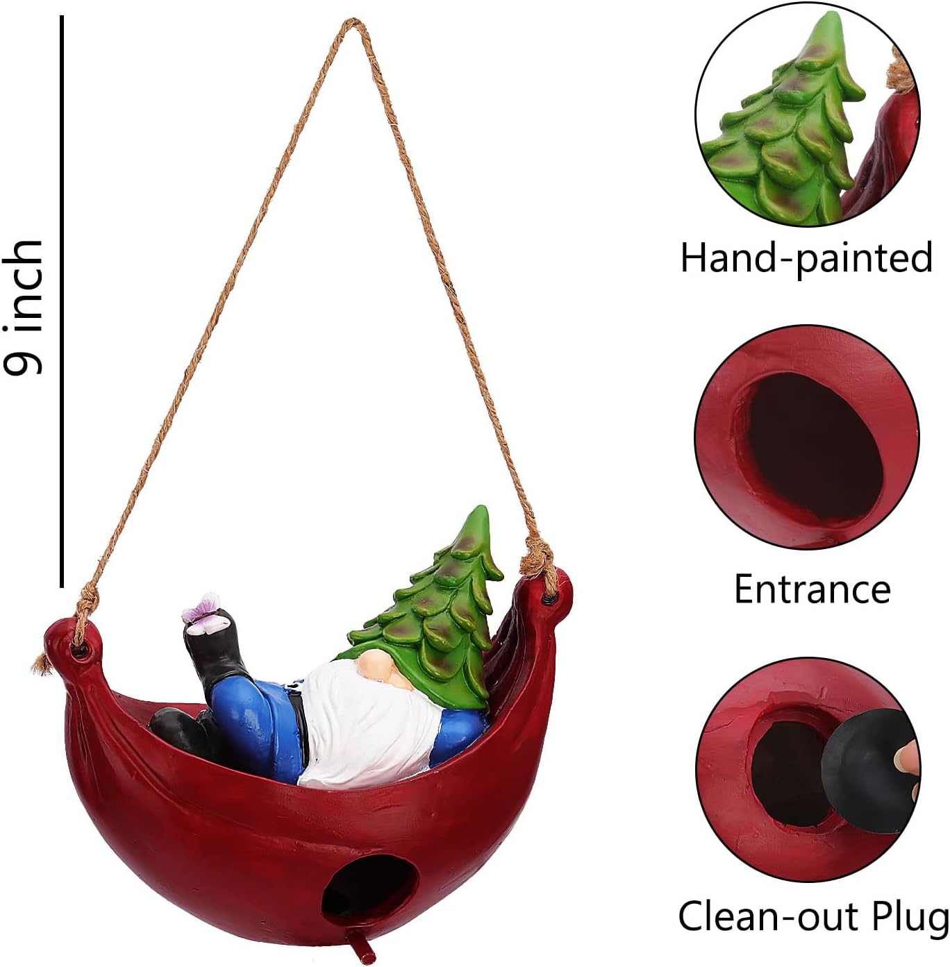 BAYN Bird House for Outside, Hanging Handcrafted Hammock Gnome Resin Outdoor birdhouses Humming Bird, Bluebird, Wren, Camper Hanging Houses nest cage