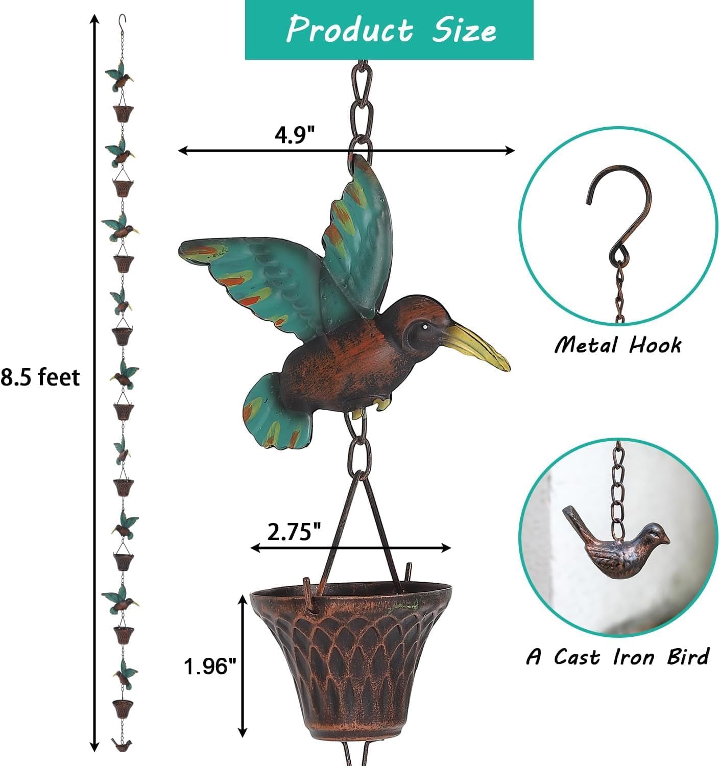 8.5FT Rain Chain, Hummingbird and Cup Rain Chains for Gutters and Downspouts, Metal Decorative Rainwater Catcher Chain, Antique Copper Rain Gutter Downspout Chains for Outside Garden