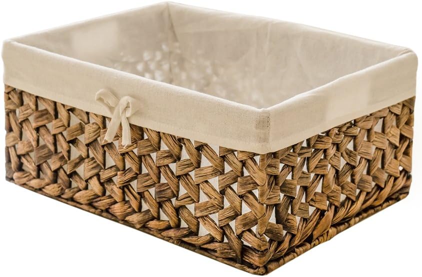 Rectangular Woven Seagrass Storage Bins with Handle,Kingwillow. (water hyacinth, Medium)