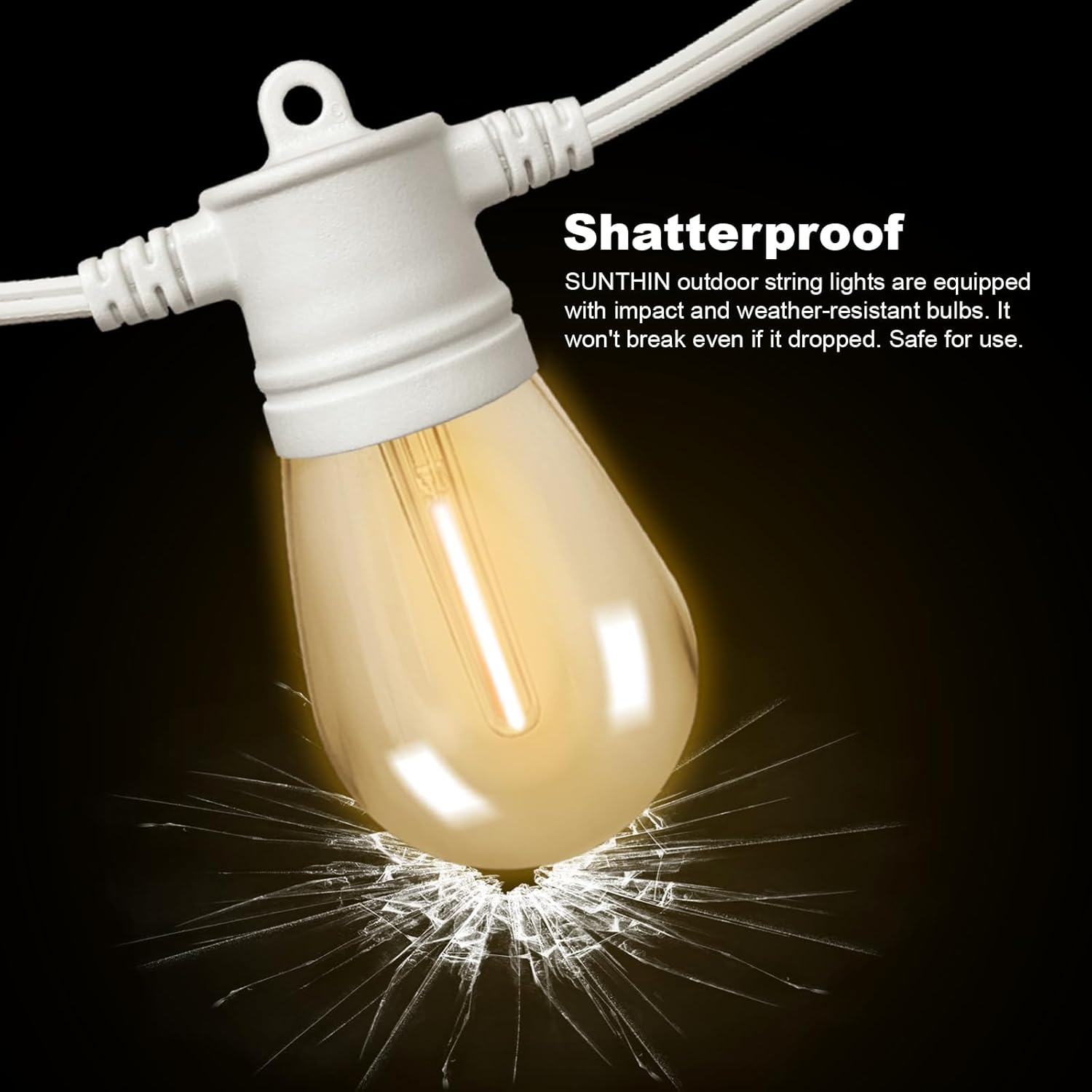 SUNTHIN White String Lights, 48ft White Outdoor Lights with 16 1W Shatterproof LED Bulbs for Patio, Garden, Backyard, Porch, Cafe, Deck, Wedding, Party