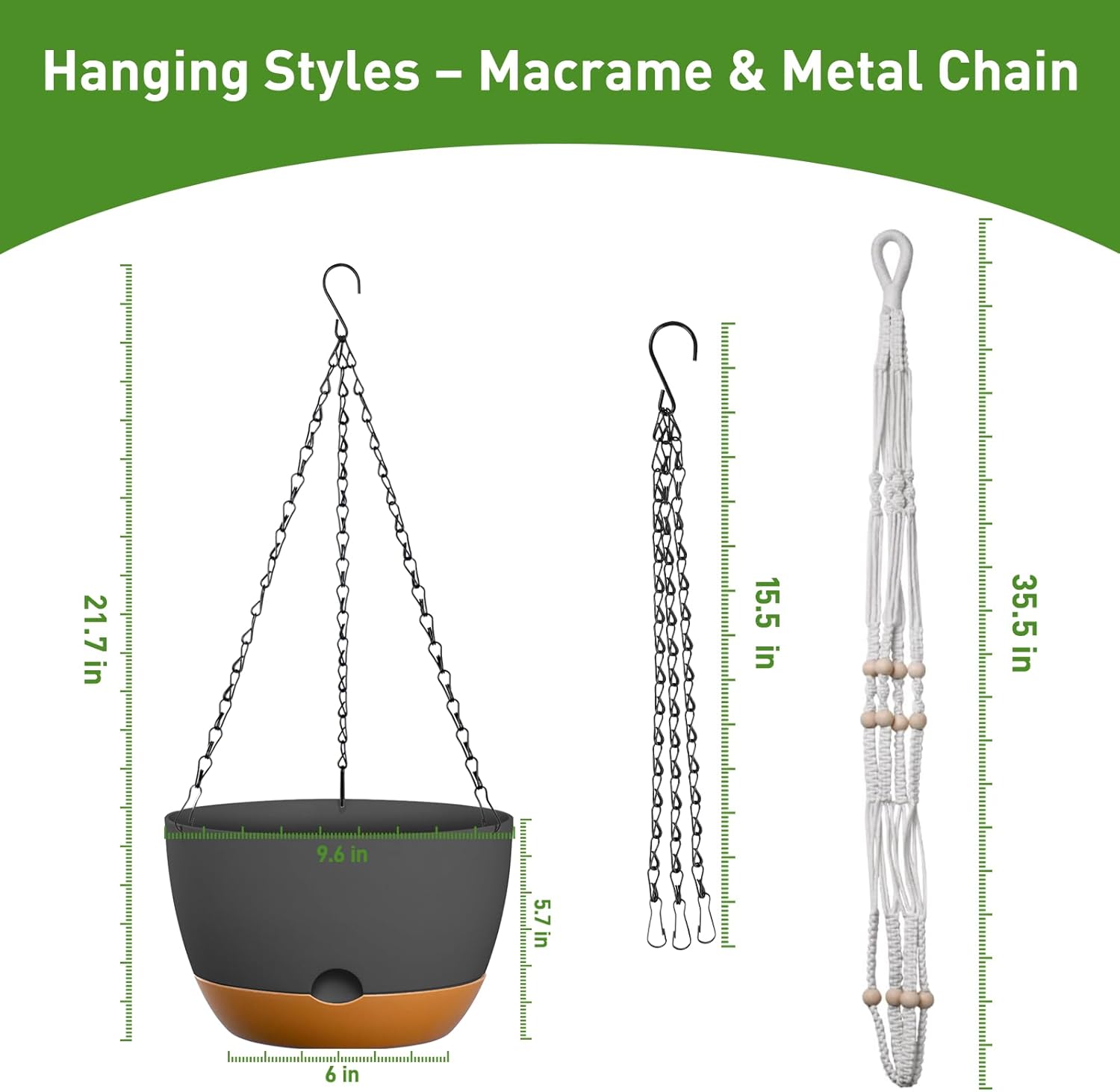 10 Inch Hanging Planters for Indoor & Outdoor Use (2 Pack) - Self-Watering & Drainage Flower Pots with Chain & Macrame Hangers (Deep Gray, 10 in)