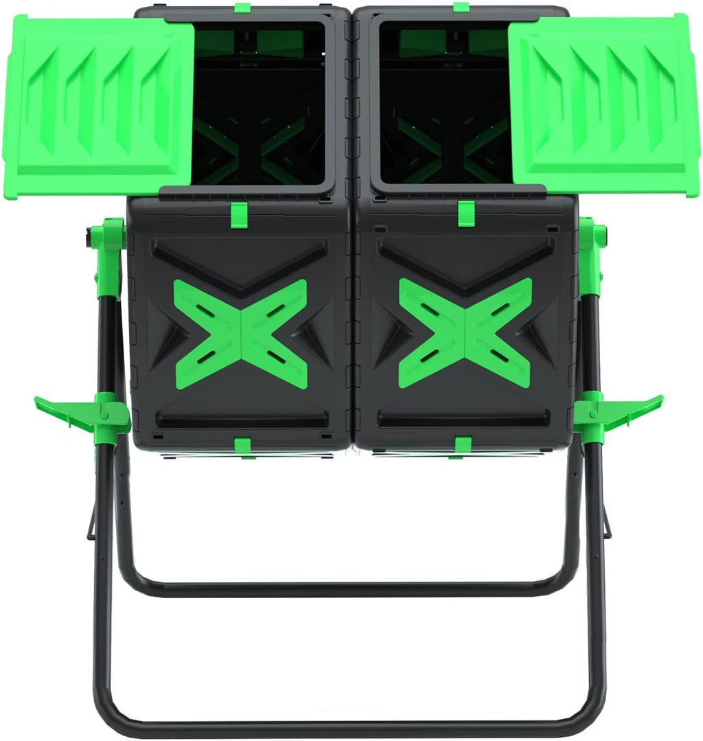 SQUEEZE master Large Dual Chamber Compost Bin Tumbler Outdoor Garden- Easy Rotating- Sturdy Steel Frame-Fast Composting (Green, 2 × 18.5 Gallon)