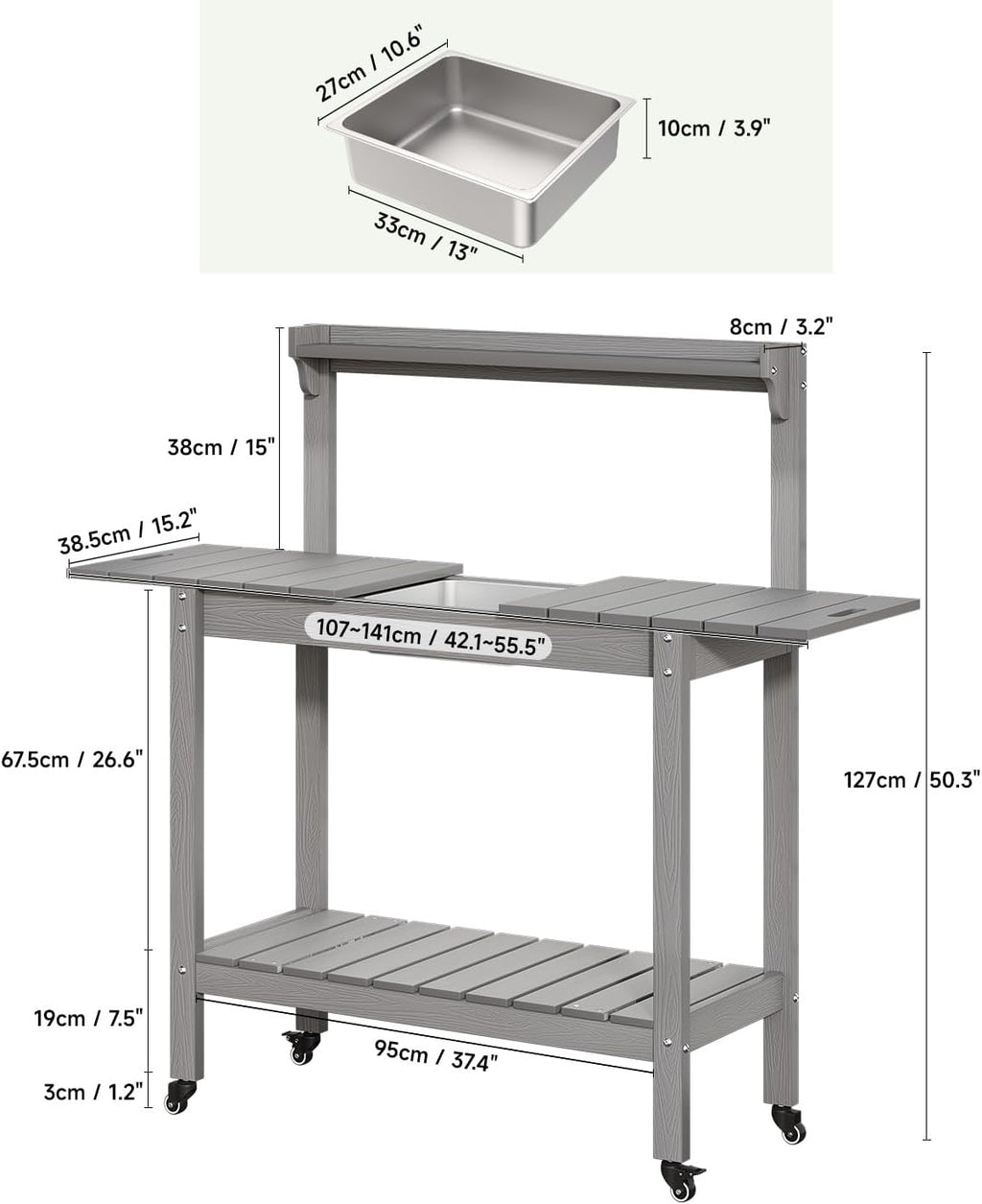 HDPS Outdoor Potting Bench with Sliding Tabletop/ 4 Wheels/Removable Sink, All-Weather Outside Garden Work Table, No Rust/Fade/Break, Potting Station for Porch, Patio & Backyard (Grey)