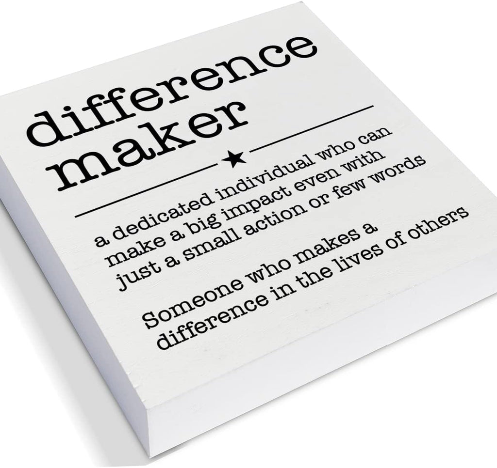 PIXCEOS Difference Maker Definition Decorative Wooden Box Sign Thank You Appreciation Gift for Teacher Boss Leader Coworker Wood Block Plaque Desk Decor Office Shelf or Wall Display
