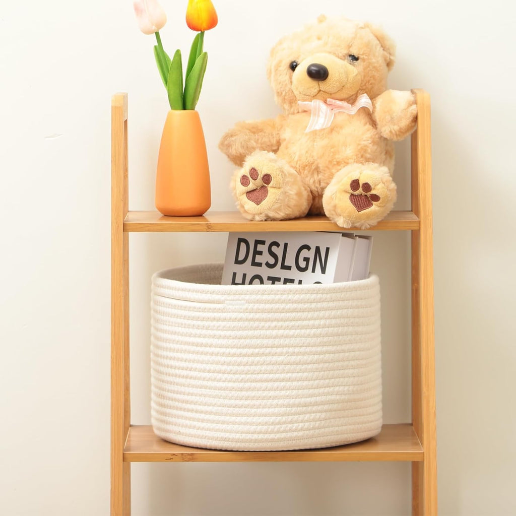 Small Basket for Organizing | Cube Shelf Closet Storage Baskets | 9.7×9.7×7.1” | Woven Rope Gift Basket | Nursery | Round 3 Packs Off White