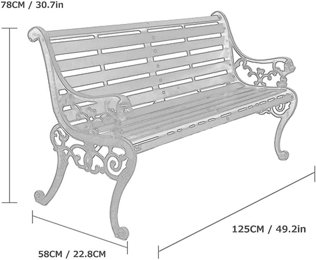 Outdoor Bench, Porch Bench, Garden Park Bench, Cast Aluminum Preservative Wood Bench with Backrest and Armrests for 2-3 People Porch/Deck/Patio Furniture(Teak+Black Legs,125CM)