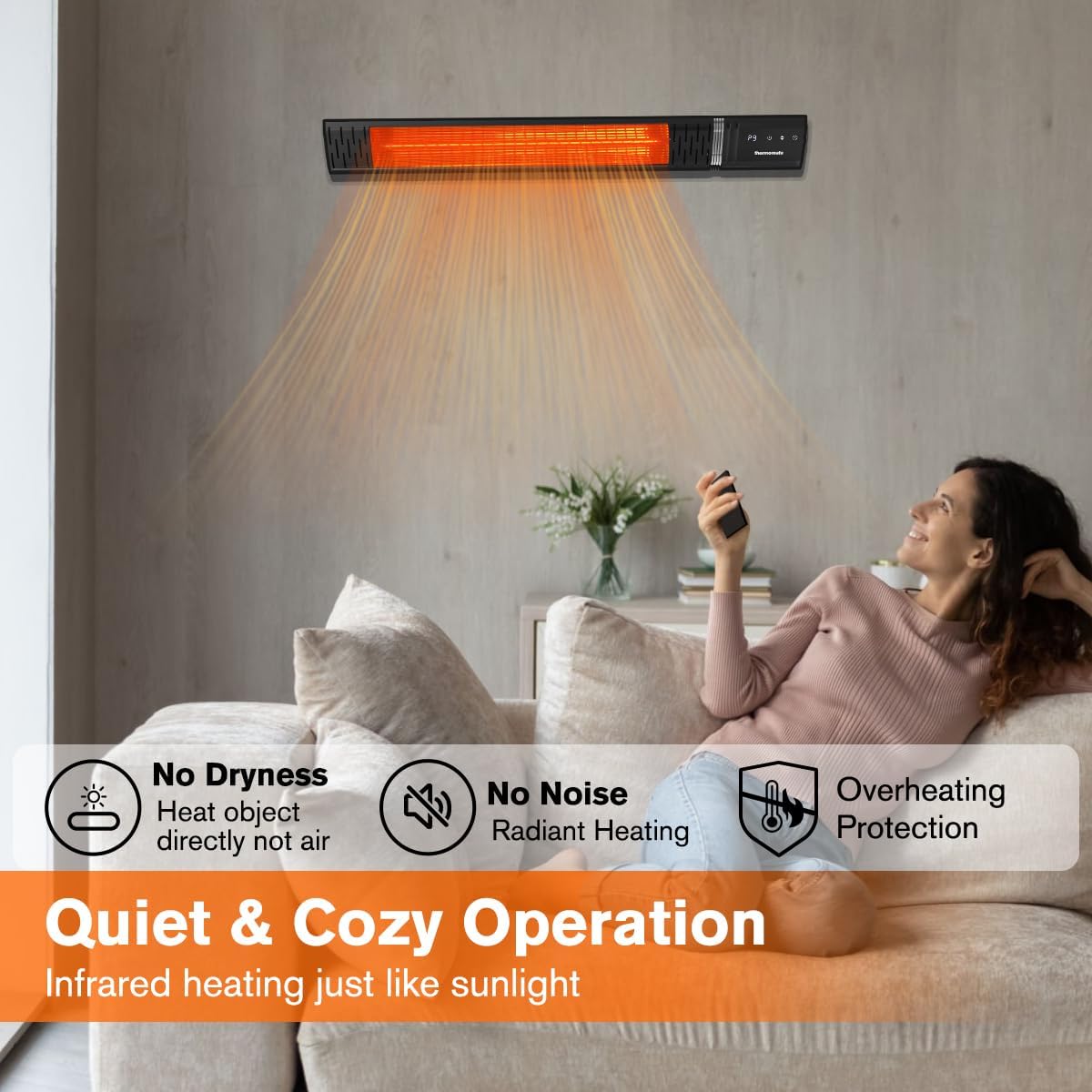 Small Outdoor Heater for Patio, thermomate 1500W IP65 Electric Infrared Heater with Low Glare Schott Glass, 9 Heating Levels & 24H Timer, Plug-in 120V Black