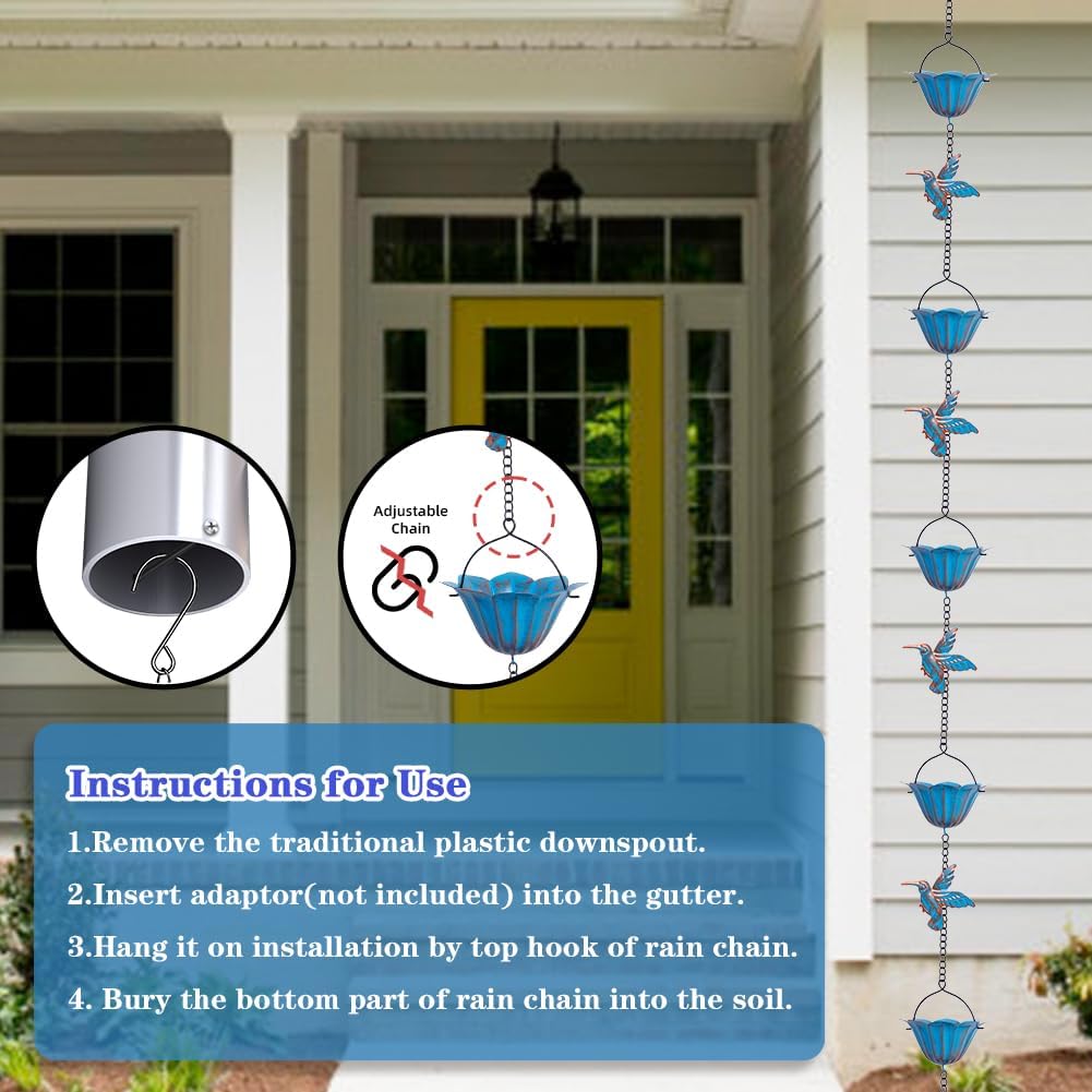 13.4FT Rain Chain, Hummingbird Rain Chains for Outside, Copper Rain Chain Bell with 12 Cups, Decorative Rain Catcher Chain Replacement Downspout for Gutters