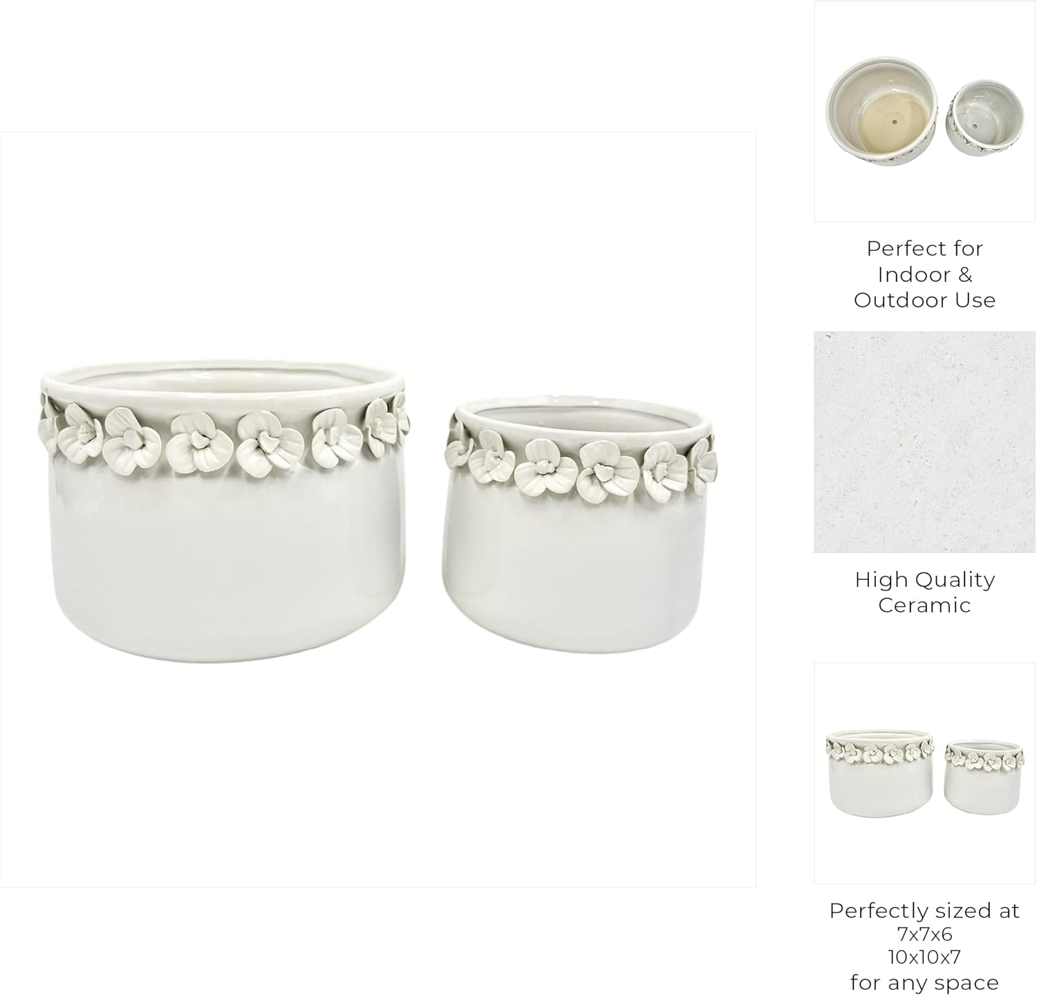 Decorative Flower Pot for Home Decor – Ceramic Indoor or Outdoor Planter with Sculpted Floral for Succulents or Houseplants – Pot for Plants for Garden, Patio, or Room Decor; Set of 2 – 7", 6" White