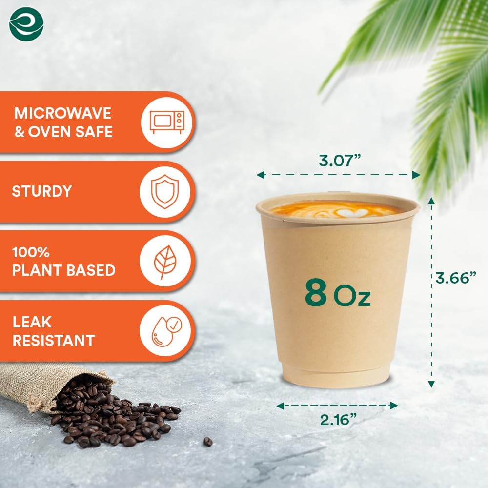 ECO SOUL 100% Compostable Plant-Based 8oz Hot Cups | (100 Count, 8 oz Hot Cups) | Disposable Bagasse Paper Cups | Eco-friendly Cups | Sturdy, Microwave & Oven Safe