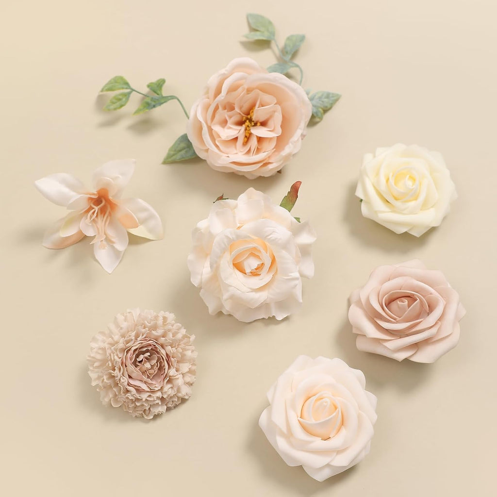 Flesh Color Artificial Flowers Silk Fake Roses Peonies Greenery Combo Box Set for DIY Wedding Bouquets Bridal Shower Centerpieces Floral Arrangements Party Tables Home Decoration