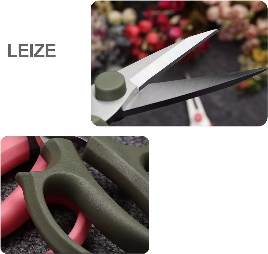 Leize Flower Scissors, Premium Thickened Stainless Steel Floral Shears, Strong Pruner for Flowers, Branches and Leaves (Grey Green Slender 2Pics)