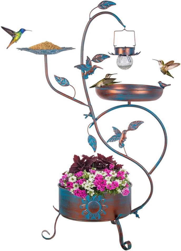 dreamysoul Metal Bird Bath for Outside, Birdbaths Outdoors with Planter and Feeder, Garden Blue Bird Baths with Solar Lights