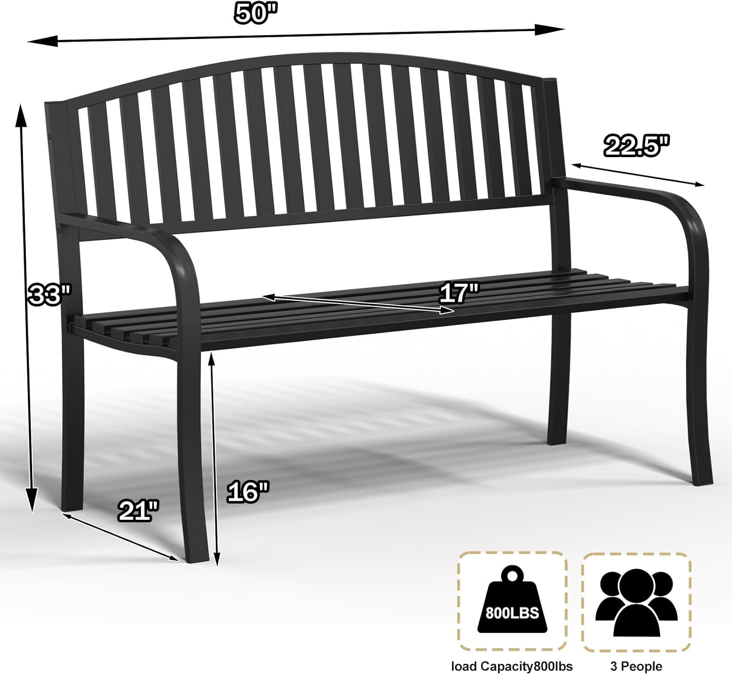 50" Heavy Duty Outdoor Bench, Wrought Iron Weatherproof Garden Bench Black Metal Patio Bench for Park Proch Yard 880lbs