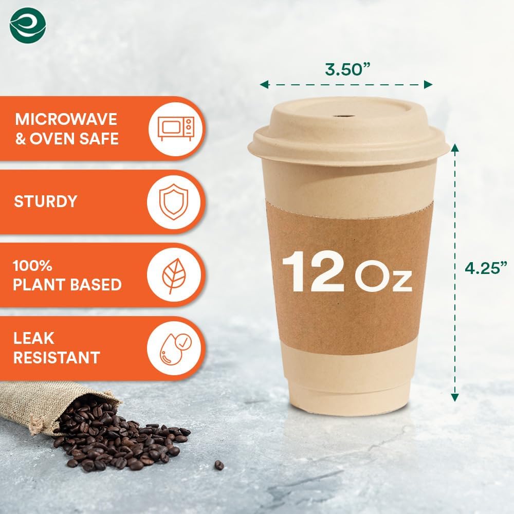 ECO SOUL 100% Compostable Coffee Cups With Lids & Sleeves - 12 Oz (100 Counts) To Go Coffee Disposable Bagasse Cups |Sturdy & Eco-Friendly Cups for Cafes, Party, Office