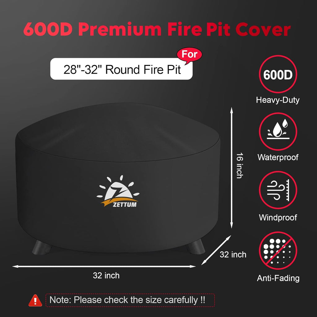 Fire Pit Cover Round 32 Inch - Outdoor Firepit Cover Heavy Duty & Waterproof, 600D Patio Fire Table Cover Gas Fire Pit Accessories Fade & Weather Resistant - 32 x 32 x 16 Inch